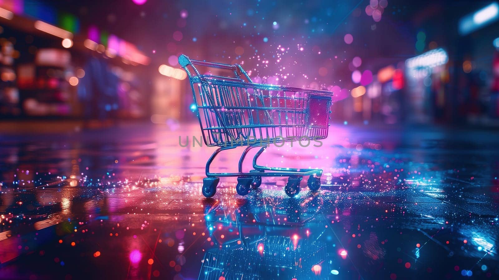 A shopping cart, typically used for carrying items during shopping, is left unattended on the wet ground during rainy weather.