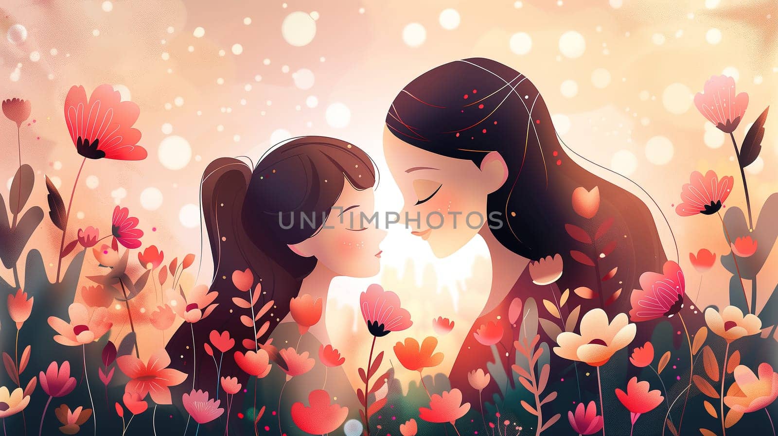 A couple romantically kissing amidst a field of colorful flowers on a sunny day, surrounded by natures beauty and serenity. The intimate moment captures the essence of love and togetherness.