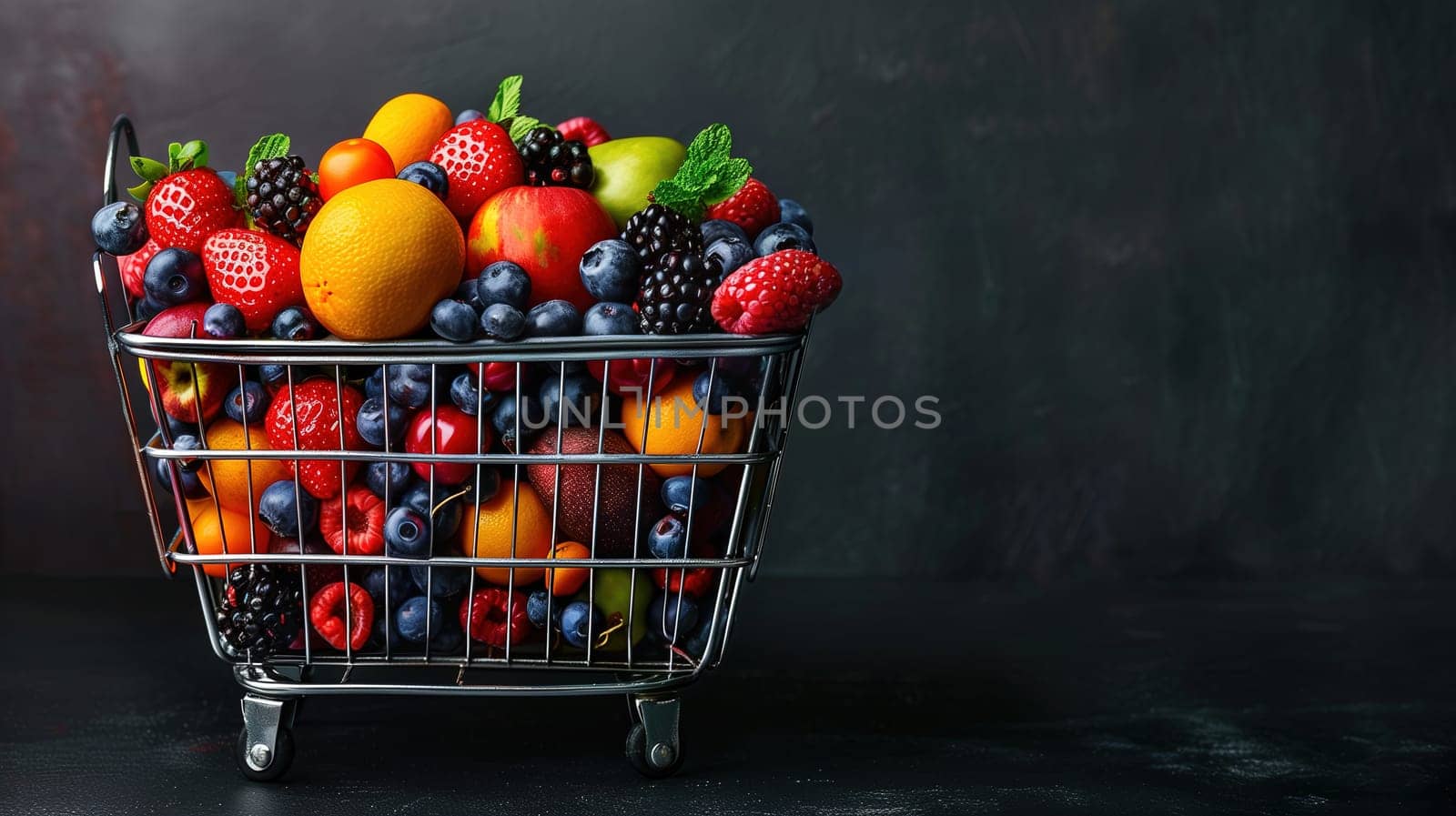 A metal basket is filled to the brim with a variety of colorful and delicious fruits. Oranges, apples, bananas, grapes, berries, and more create a vibrant and appetizing display.