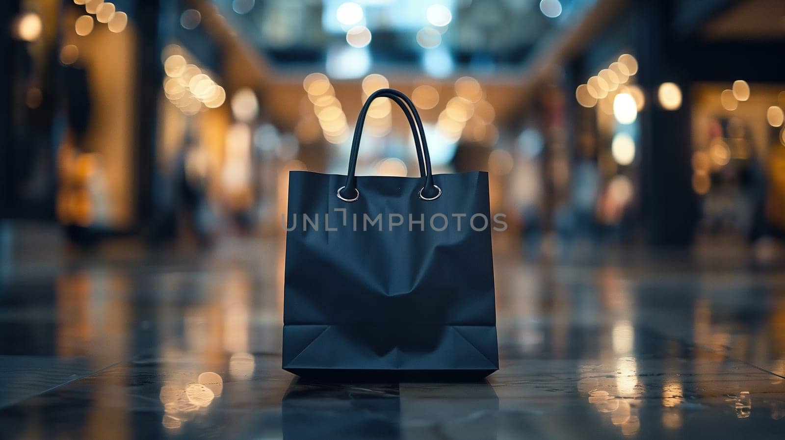 A black shopping bag sits on the ground, symbolizing the concept of a sale or Black Friday. The bag appears ready to be filled with purchases or discarded after shopping.