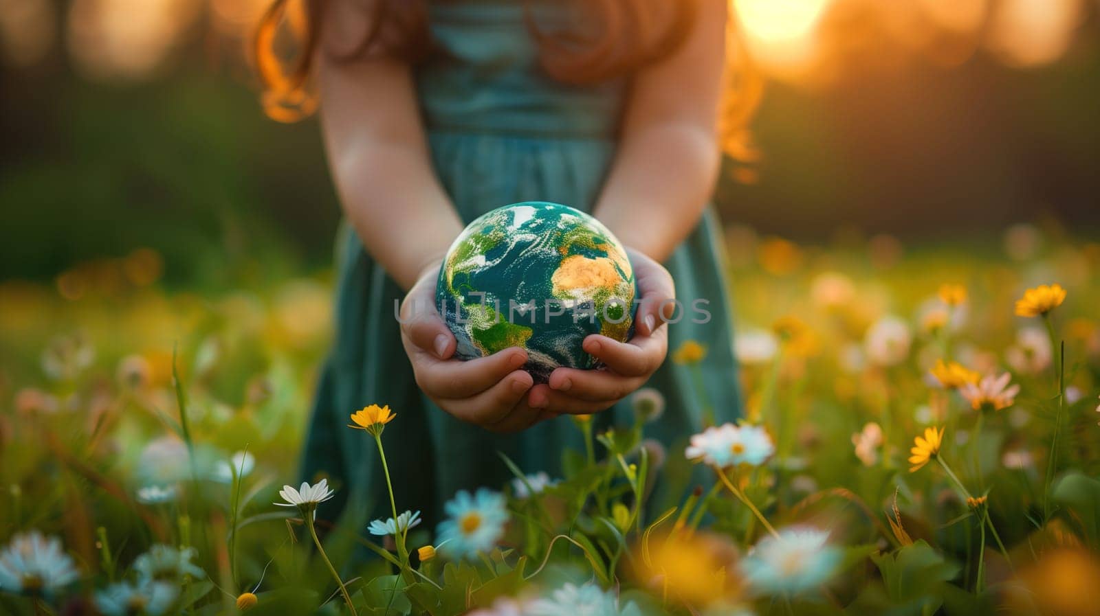 A young individual is kneeling in a meadow full of white flowers at sunset, gently holding a small globe in their hands, symbolizing care and conservation for Earth Day.