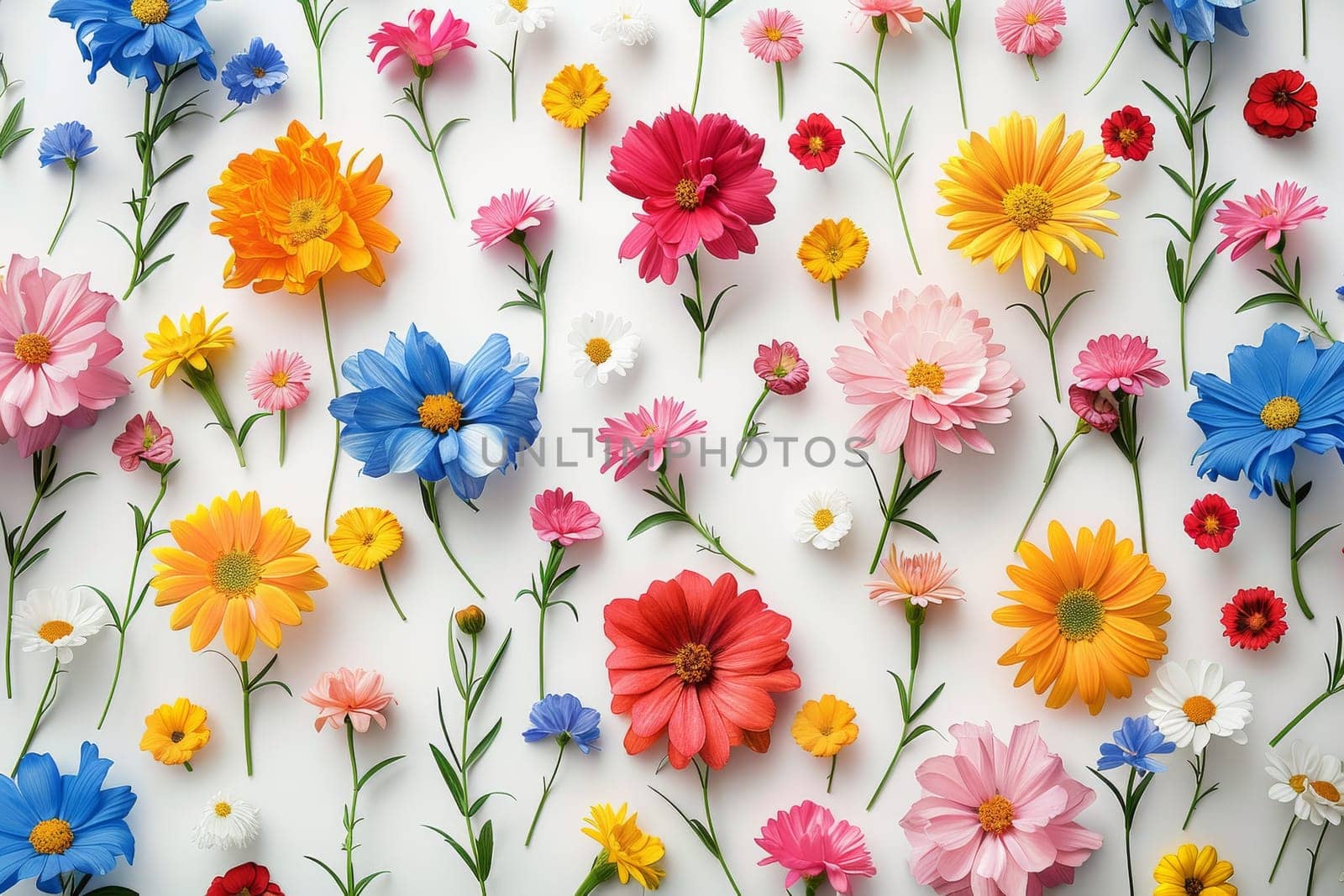 A colorful bouquet of flowers with a variety of colors including red, yellow, blue, and white