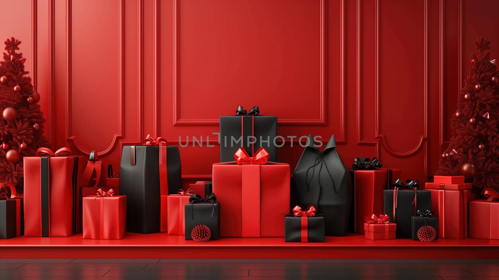 A group of variously sized and wrapped presents sitting neatly on top of a vibrant red floor, creating a festive and colorful scene for a sale or Black Friday event.