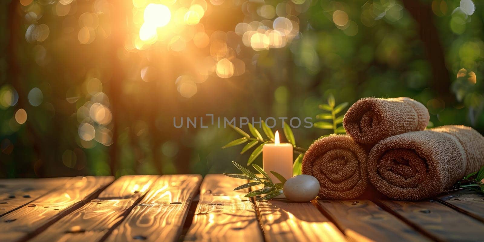 A wooden table with a vase of flowers and two candles by AI generated image.