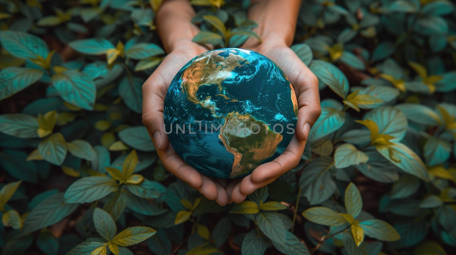 A person is holding a small model of the Earth in their hands. The Earth is shown from space, with continents and oceans visible on its surface. The persons hands cradle the planet carefully, symbolizing care for the environment.