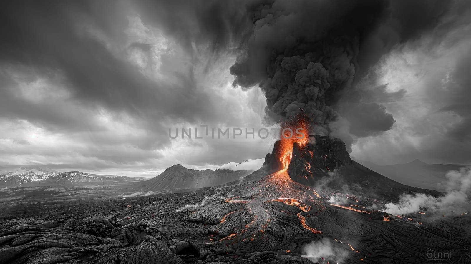A black and white photo of a volcano with smoke and ash spewing from it. Scene is ominous and dramatic