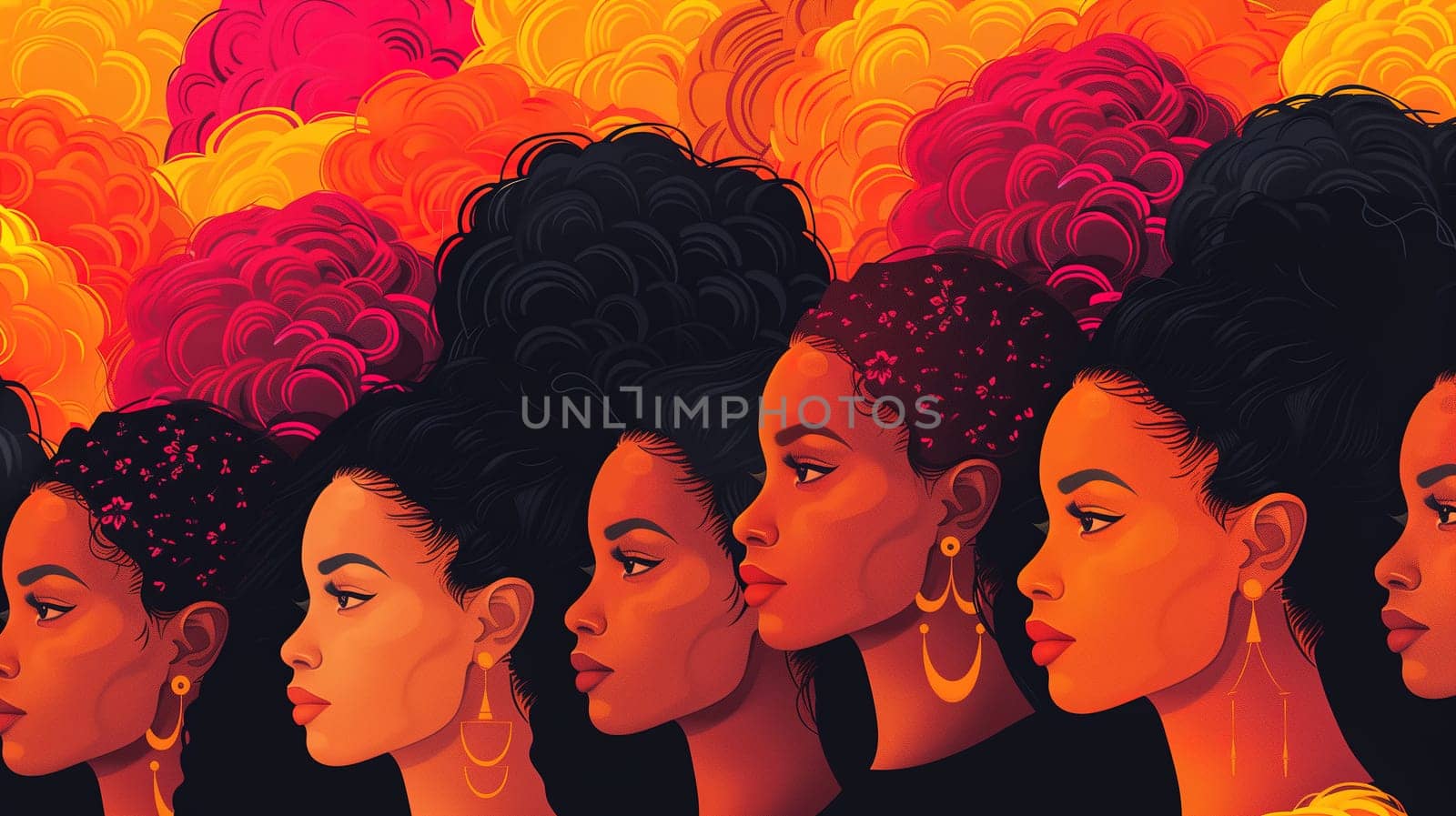This painting depicts a group of black women standing together, showcasing diversity and unity. The women are of various ages and styles, exuding strength and confidence. Each figure is uniquely detailed, capturing the essence of sisterhood and empowerment.