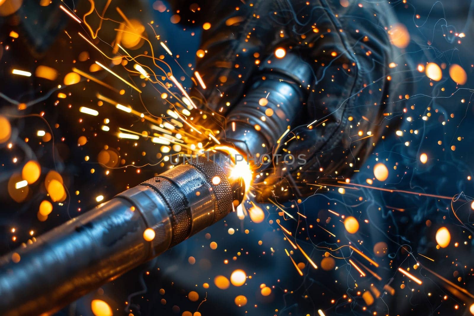 A piece of machinery is being welded, with sparks flying out of it. Concept of danger and excitement, as the sparks and heat from the welding process create a dramatic and intense scene