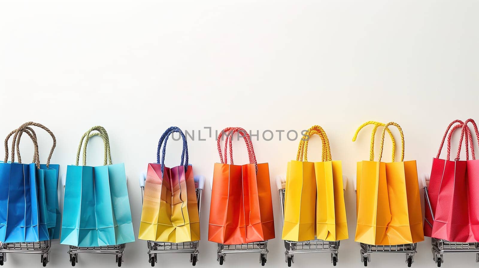 Several shopping bags lined up neatly on a store rack, symbolizing a sale event like Black Friday. The bags are of various colors and sizes, ready for customers to take home.