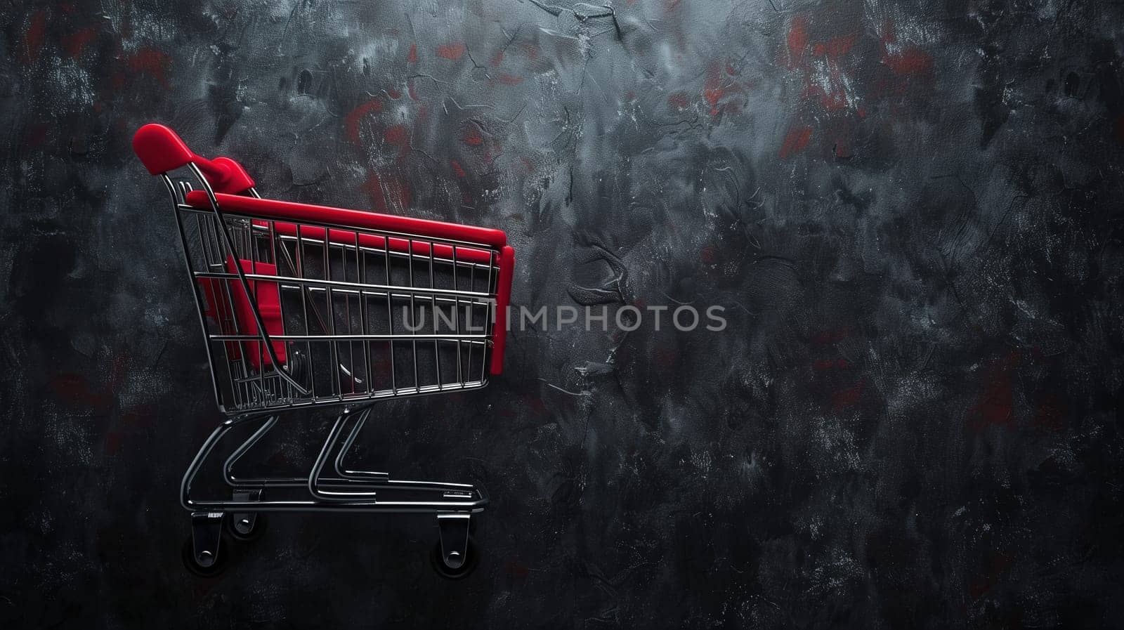 A red shopping cart is parked in front of a plain wall, symbolizing a sale concept or Black Friday shopping. The cart stands out against the backdrop, creating a simple yet striking image.