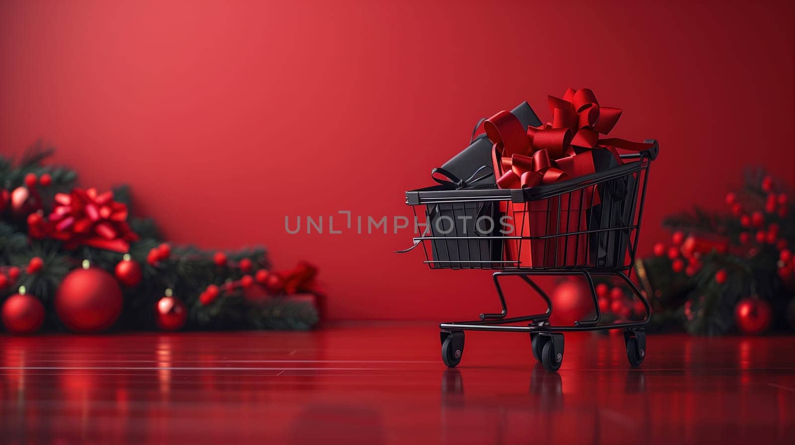 A shopping cart filled with a wrapped Christmas present, symbolizing holiday shopping and the festive season. The cart is set against a store background, hinting at Black Friday sale promotions.