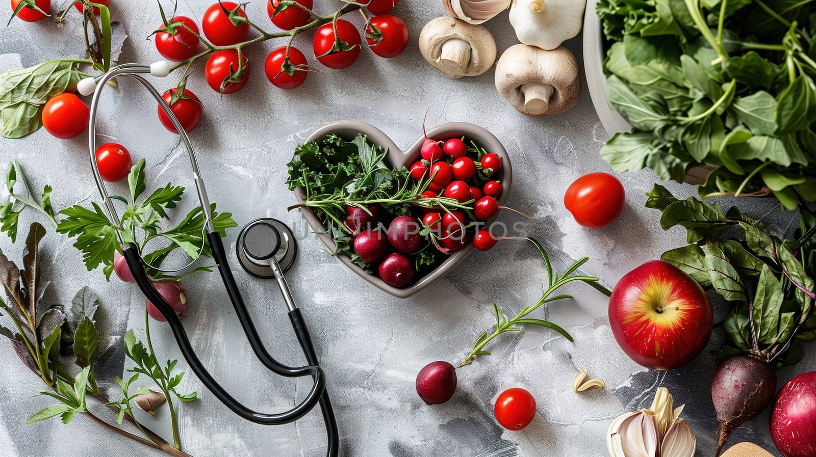 A variety of fresh vegetables like tomatoes, cucumbers, and bell peppers are neatly arranged on a wooden table. A stethoscope is placed among the vegetables, creating an unusual pairing that suggests a connection between health and nutrition.