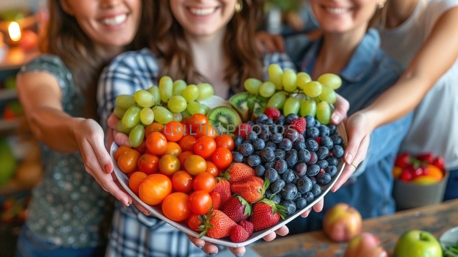 A group of women standing together, holding a plate filled with a variety of fresh fruits. The women appear to be smiling and sharing the fruit among themselves.