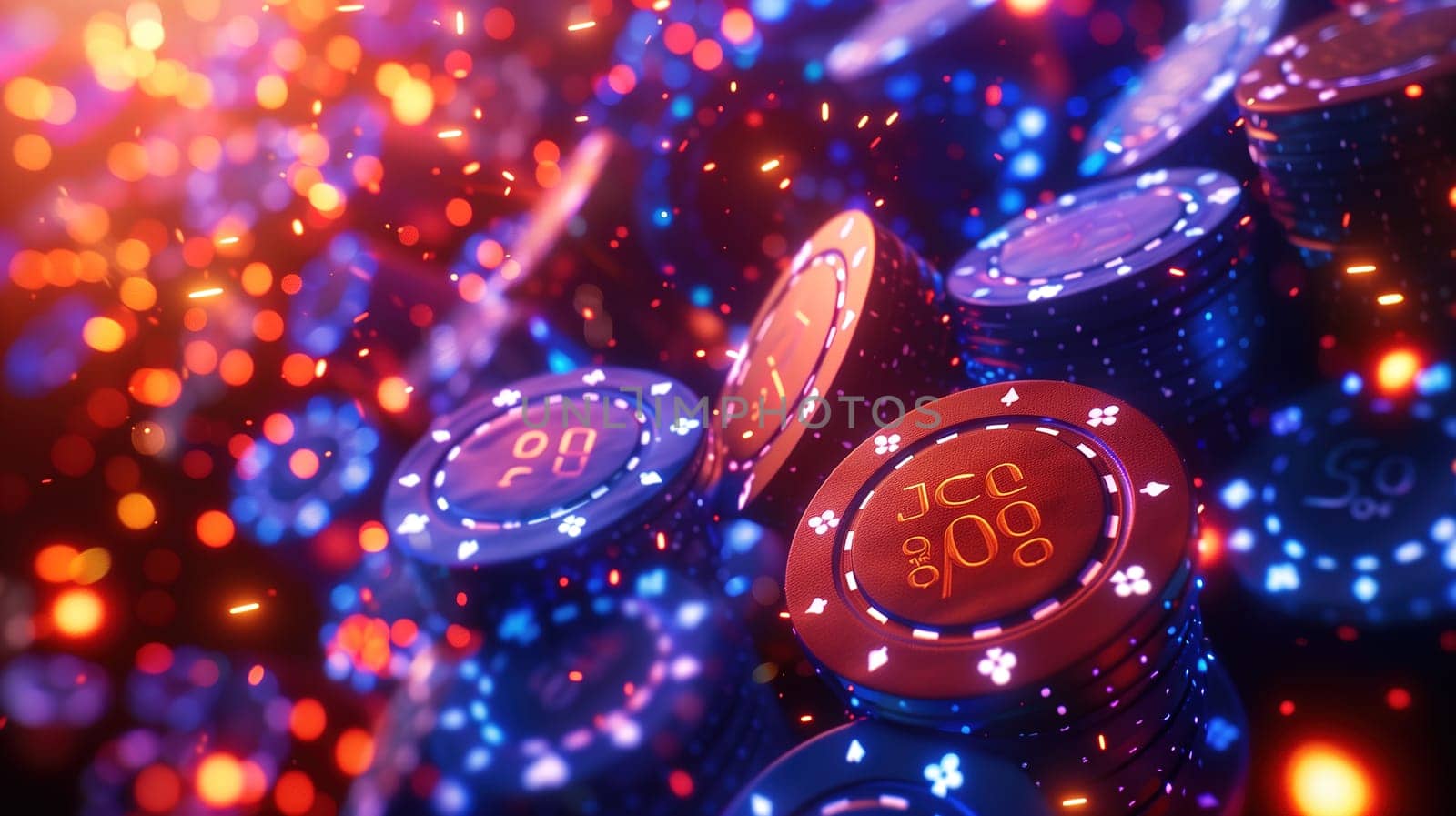 A collection of colorful casino chips stacked haphazardly on a wooden table, showcasing the essence of gambling and risk-taking in a casino setting.