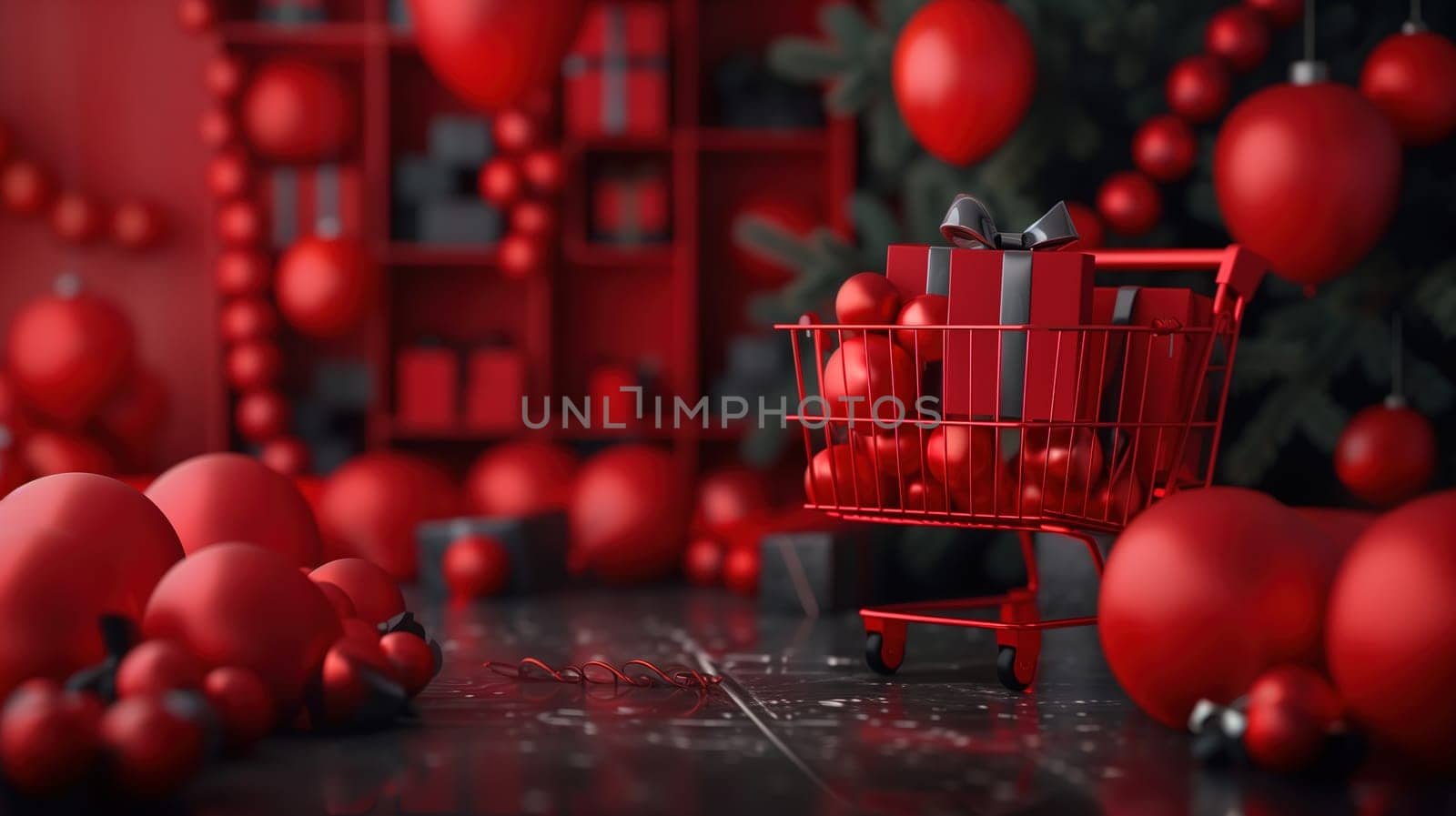 A bright red shopping cart is positioned in front of a festive Christmas tree, symbolizing the sale and Black Friday shopping concept. The cart is empty, ready to be filled with holiday gifts and decorations.