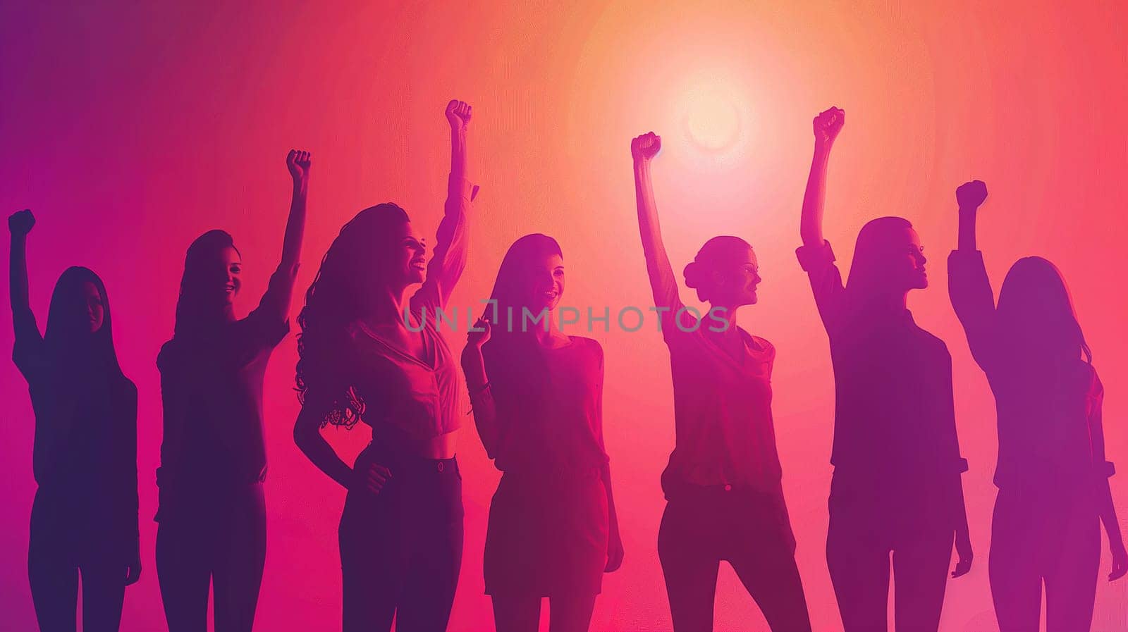 A group of women are standing together, raising their arms in the air in a celebratory manner. They are expressing unity and empowerment on Womens Day.