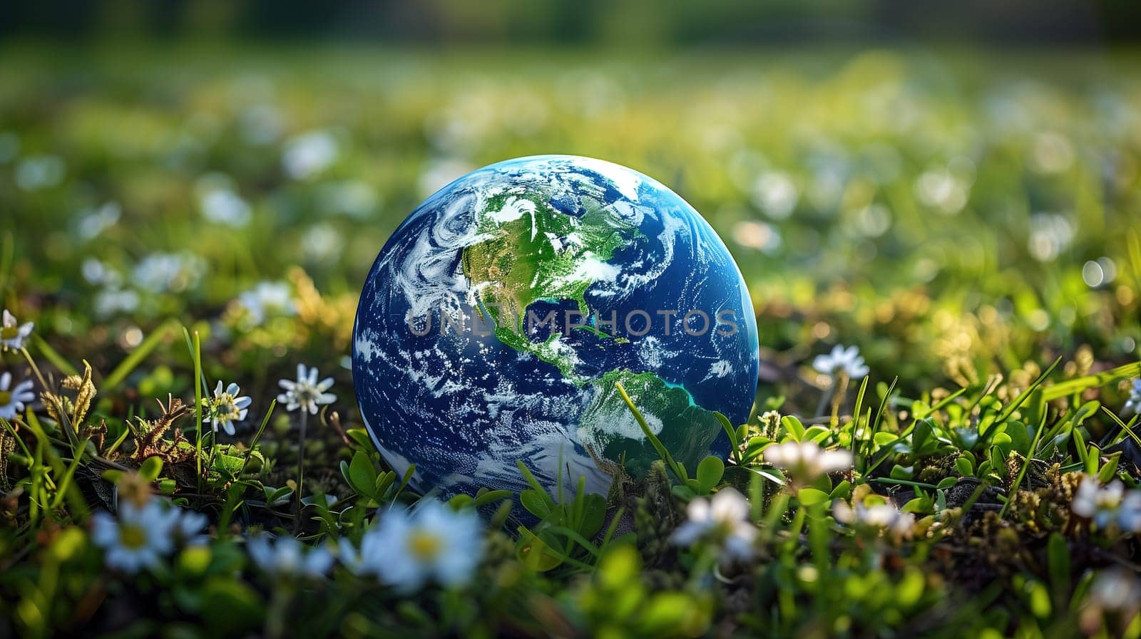 A small model of the Earth is nestled among vibrant green grass and delicate white flowers, symbolizing environmental awareness and the celebration of Earth Day in the freshness of spring.