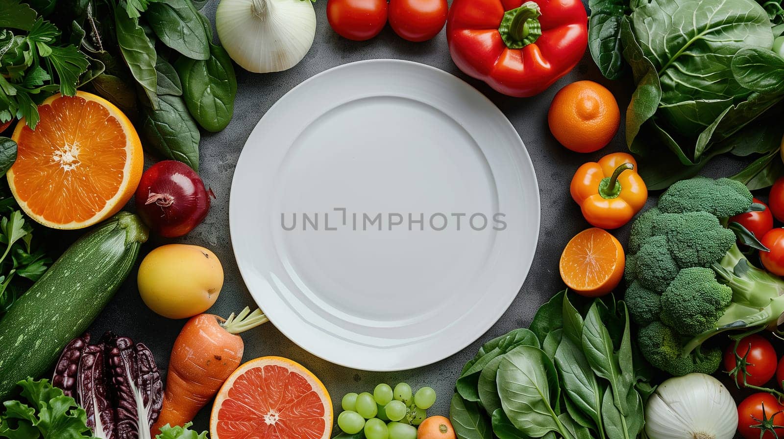 A variety of fruits and vegetables such as apples, oranges, bananas, carrots, tomatoes, and bell peppers arranged around a white plate. The colorful assortment creates a vibrant and healthy display.