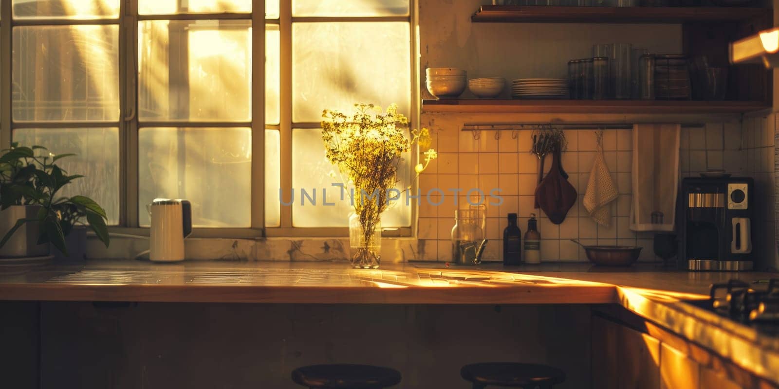 A kitchen with a window and a vase of flowers on the counter. The sunlight is shining through the window, creating a warm and inviting atmosphere
