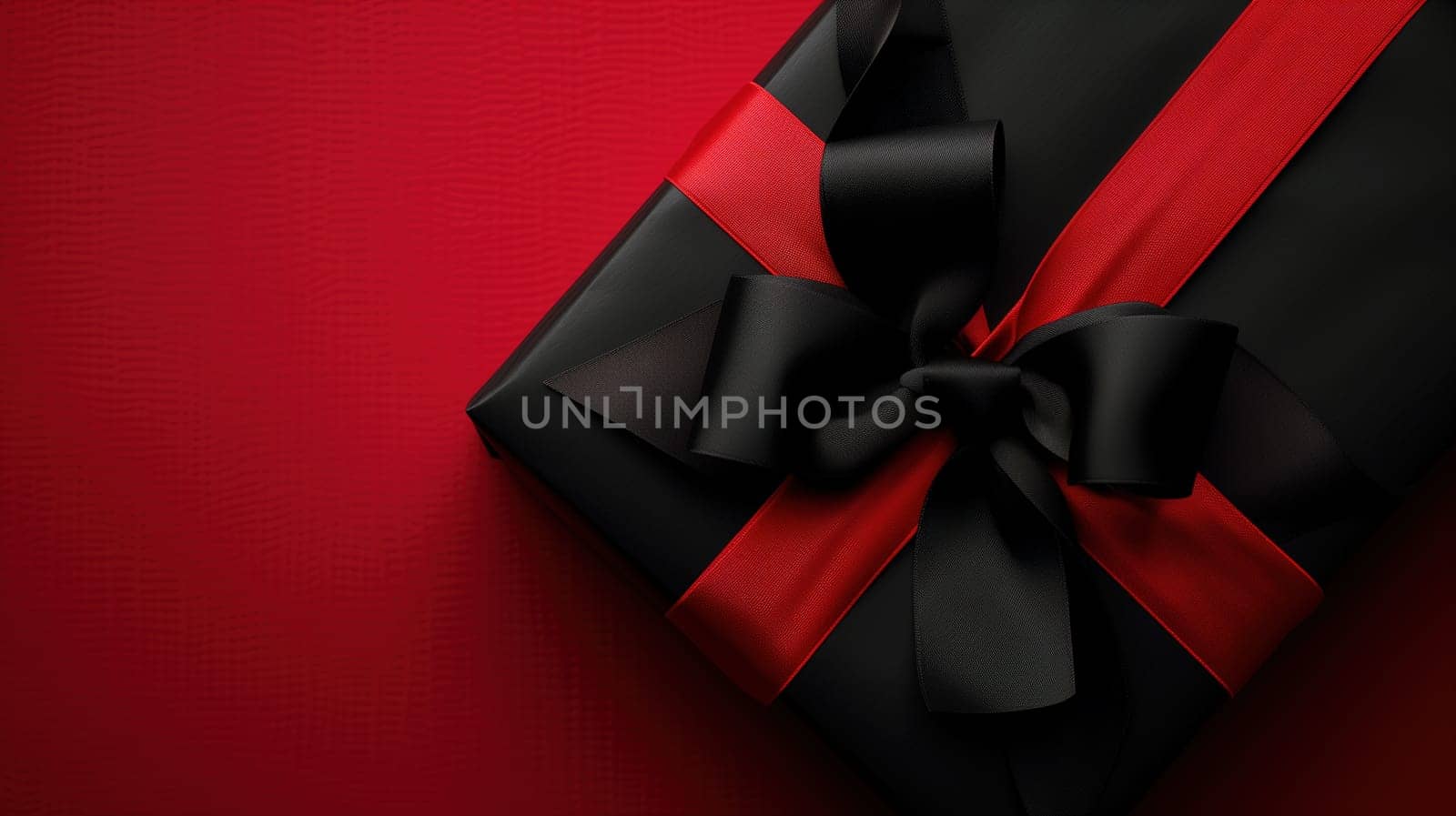 A black and red gift box adorned with a vibrant red ribbon, symbolizing a sale or Black Friday concept. The box stands out with its bold colors and elegant presentation.