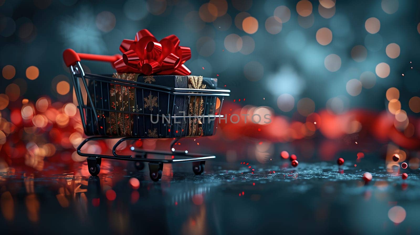 A shopping cart with a vibrant red bow tied on top of it, symbolizing a festive and celebratory atmosphere. The cart is positioned against a neutral background, drawing attention to the eye-catching bow.