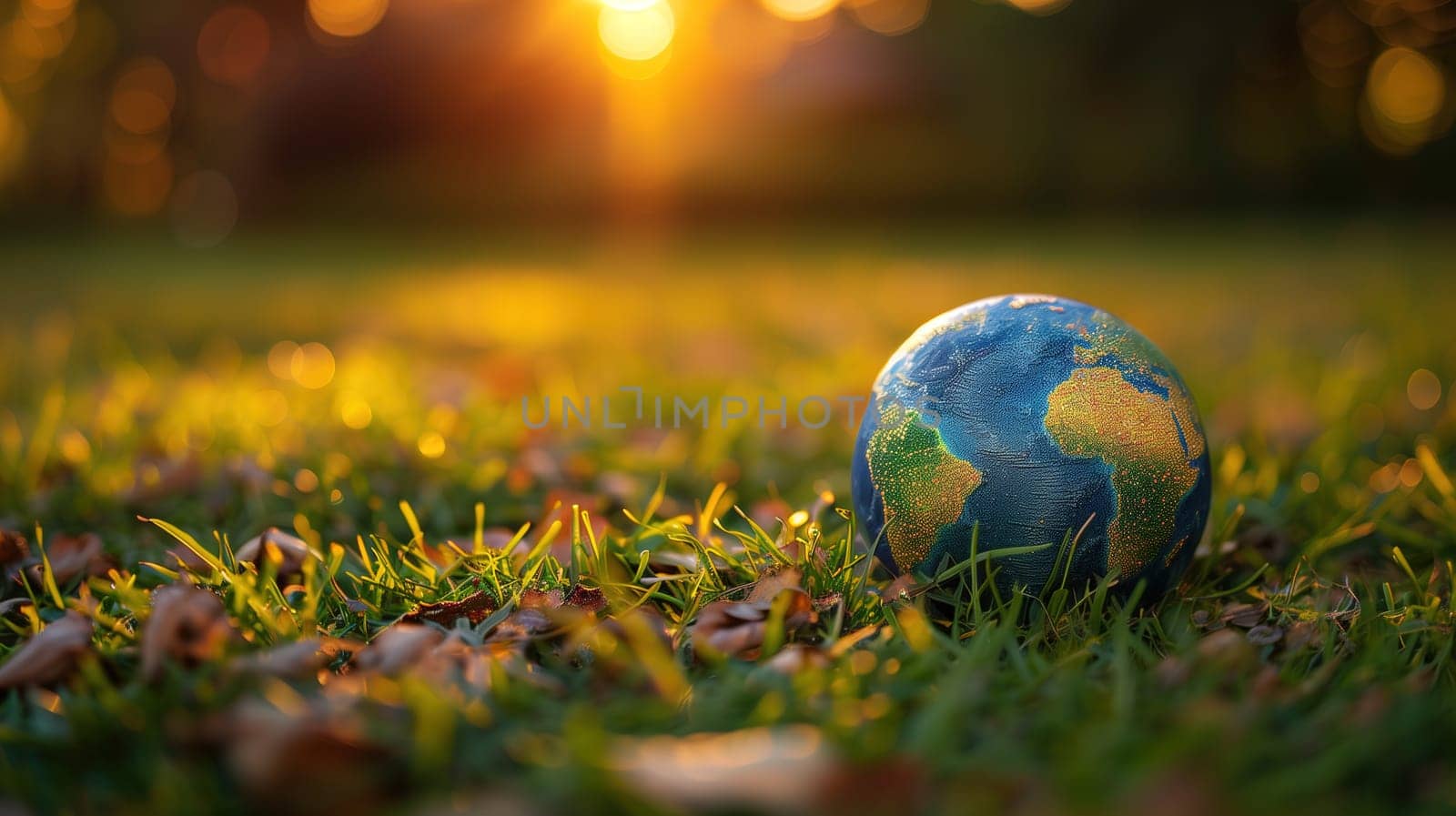 Small Globe Resting on Green Grass With Sunset Light Shining Through, Symbolizing Earth Day by TRMK