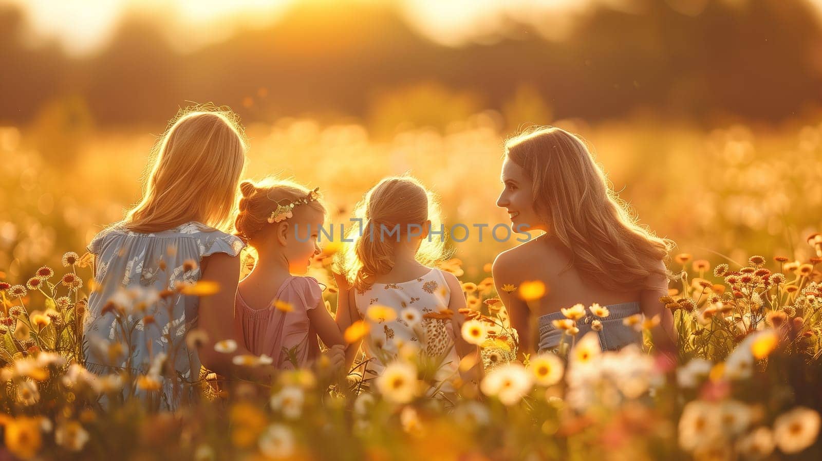 A group of young girls are sitting in a colorful field of flowers on International Mothers Day. They are chatting and laughing, enjoying the vibrant blooms around them.