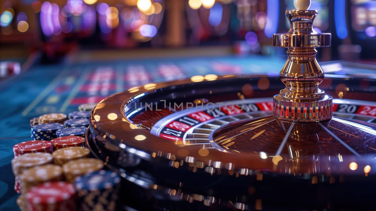 A casino roulette table filled with colorful chips placed on various numbers. The wheel is ready to be spun, and players are placing their bets in this lively and vibrant environment.