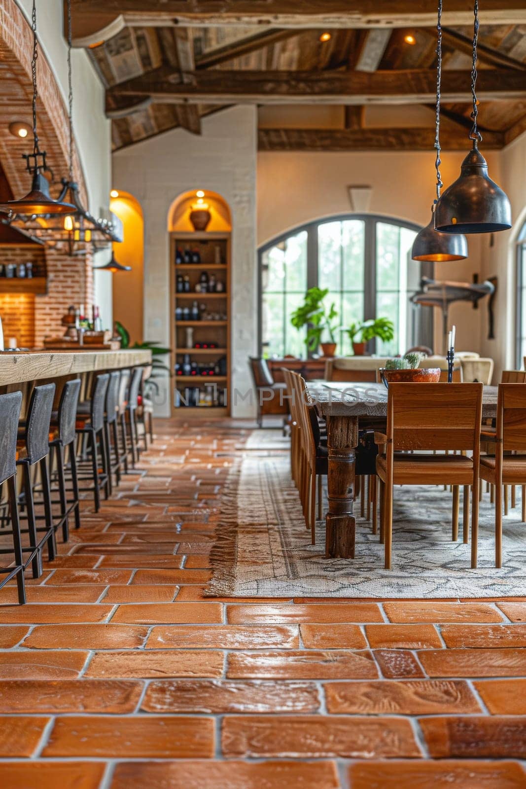 A large room with a dining table and chairs, and a rug on the floor. The room has a rustic feel with a lot of wood and brick elements