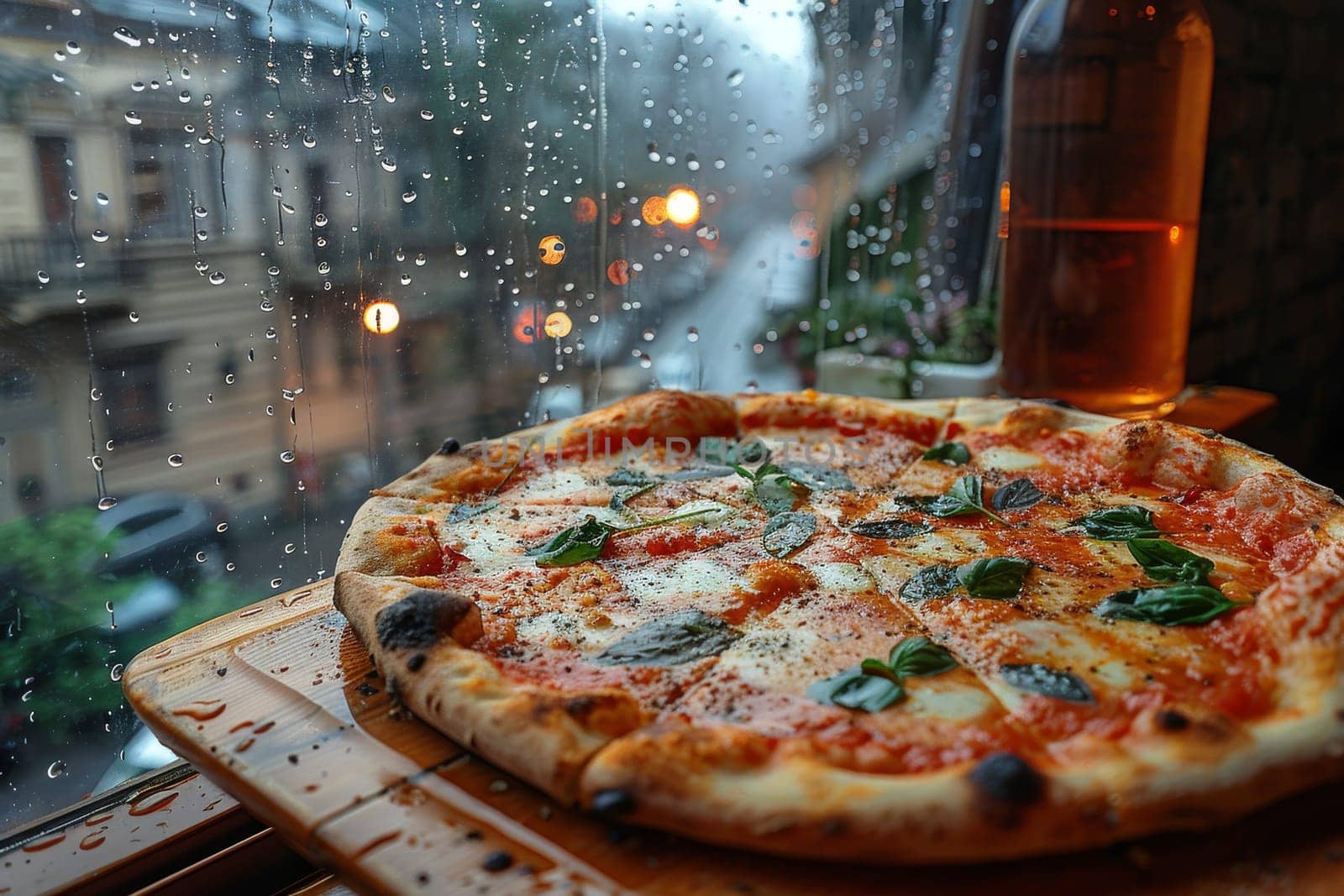A pizza with basil and cheese sits on a wooden board in front of a window. The rain outside can be seen through the window, creating a cozy atmosphere