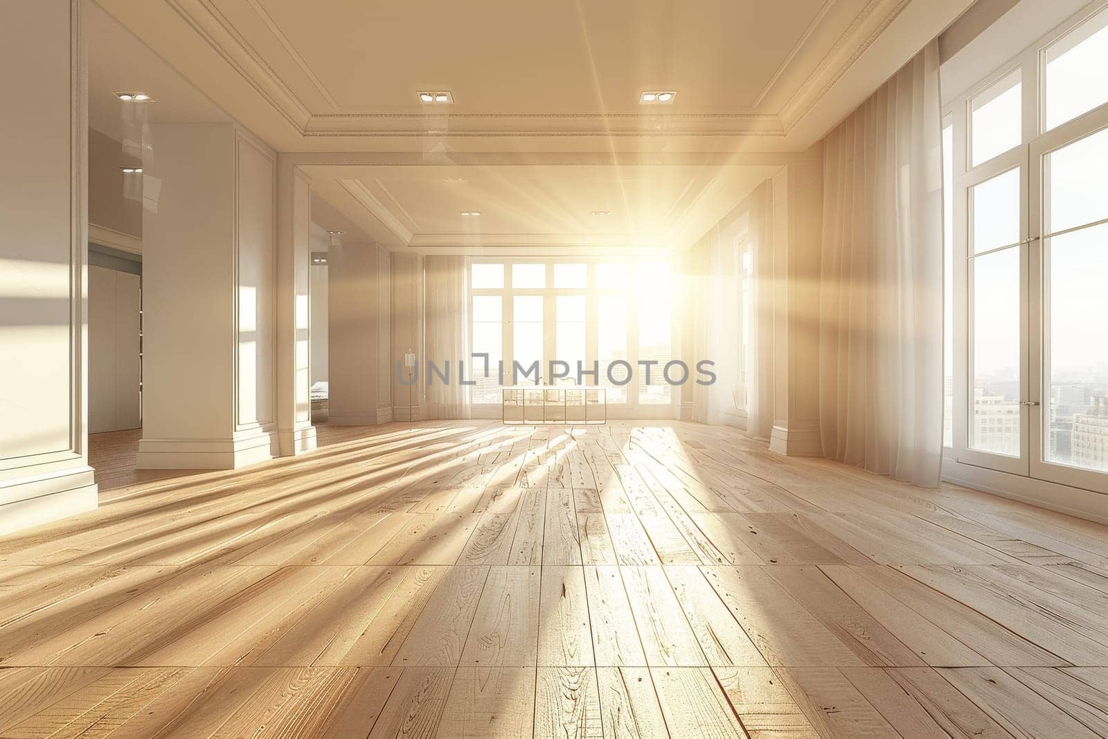 A large open room with a lot of natural light and wooden floors. The room is empty and has a clean, modern look
