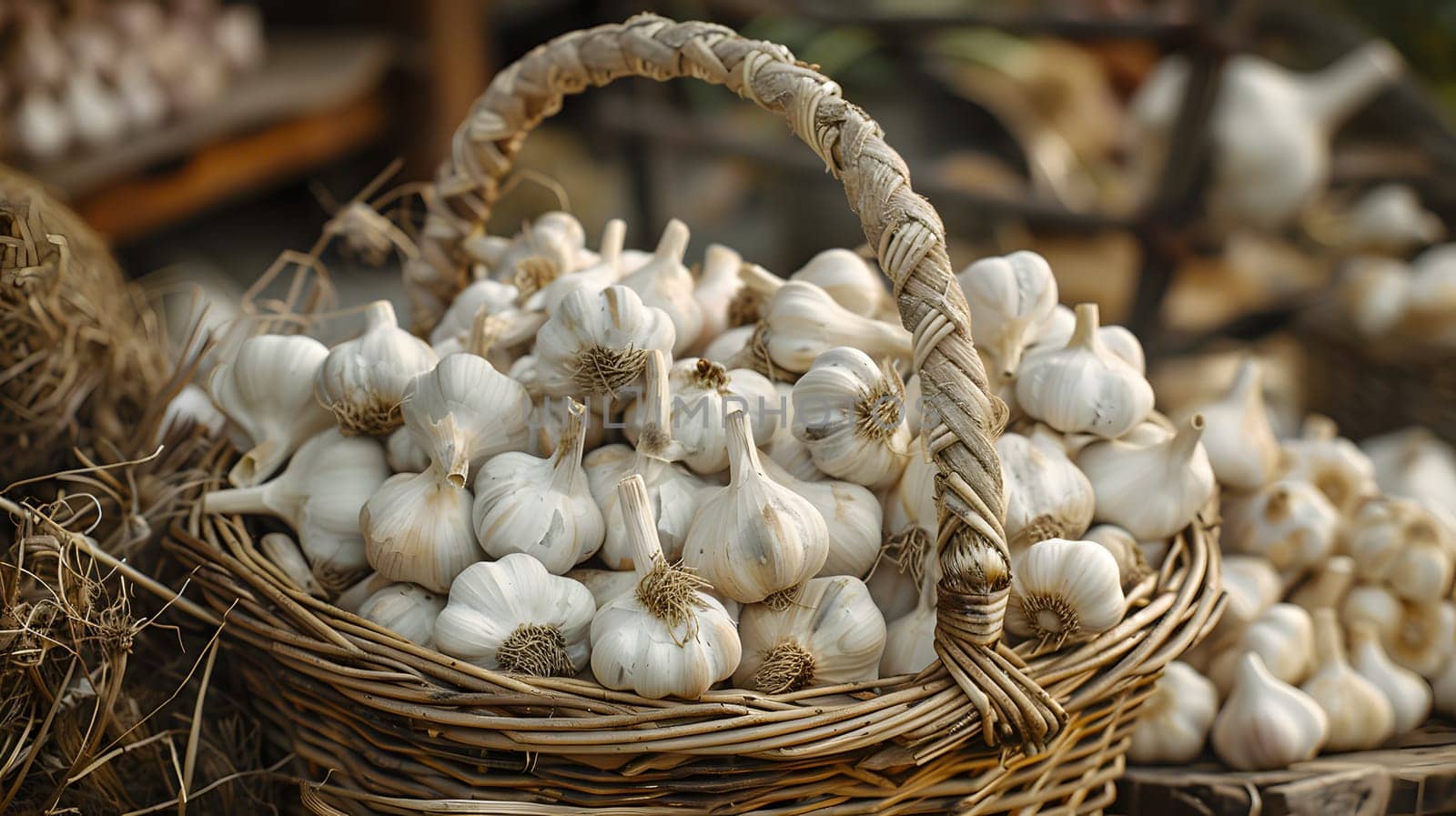 A storage basket filled with garlic, a staple food and essential ingredient in many dishes, sits on a table as part of the natural foods produce