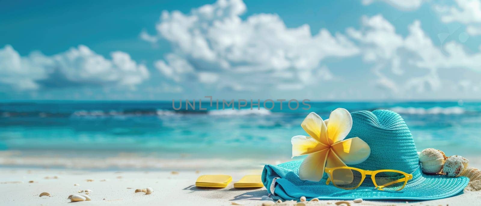 A blue straw hat with a yellow flower on it is on a beach. The hat is placed on a towel and a book is nearby. The scene is bright and cheerful, with the sun shining down on the beach