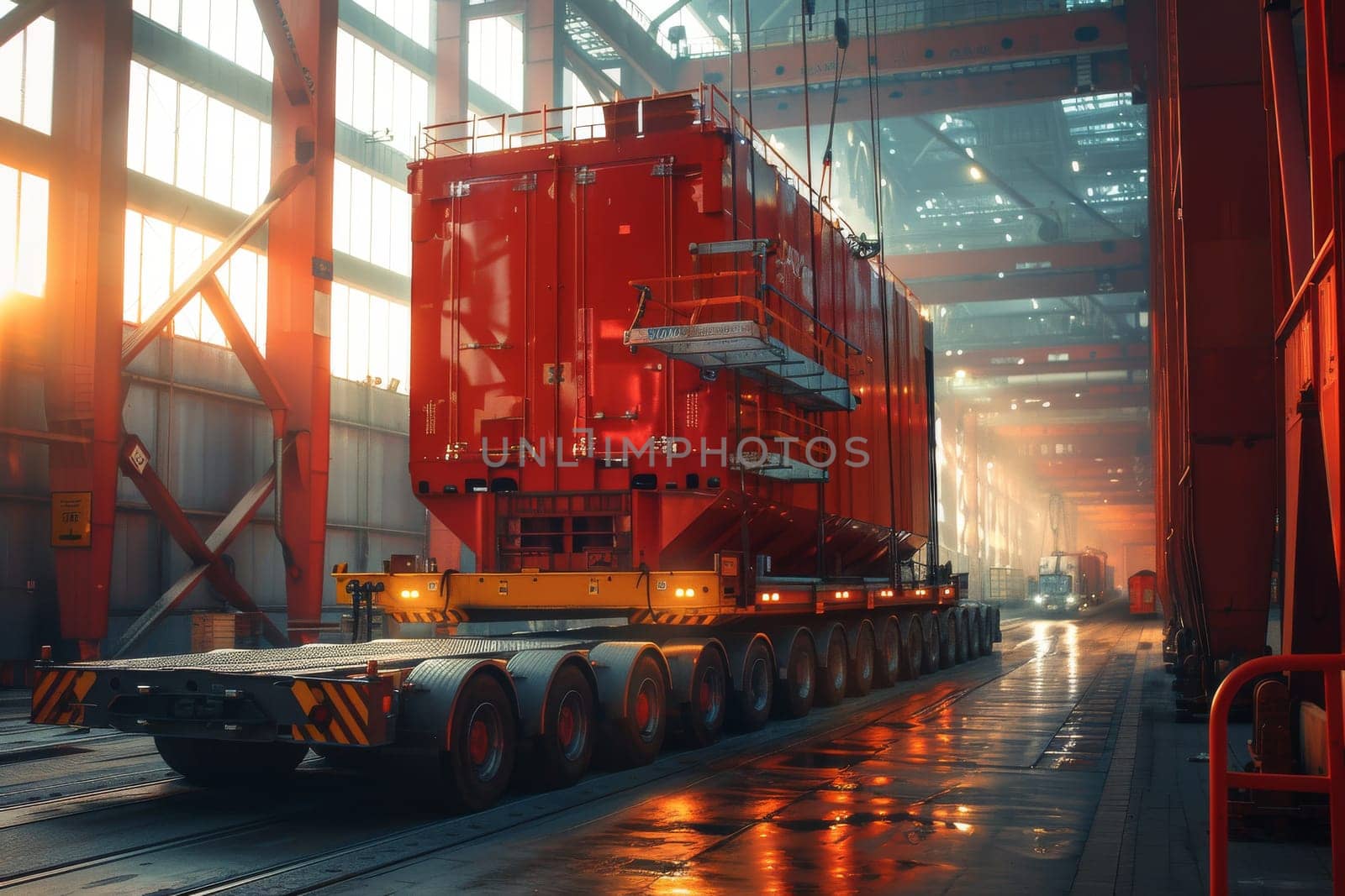 A large red truck is being loaded with a large object in a warehouse. Scene is industrial and busy, with the truck being the center of attention