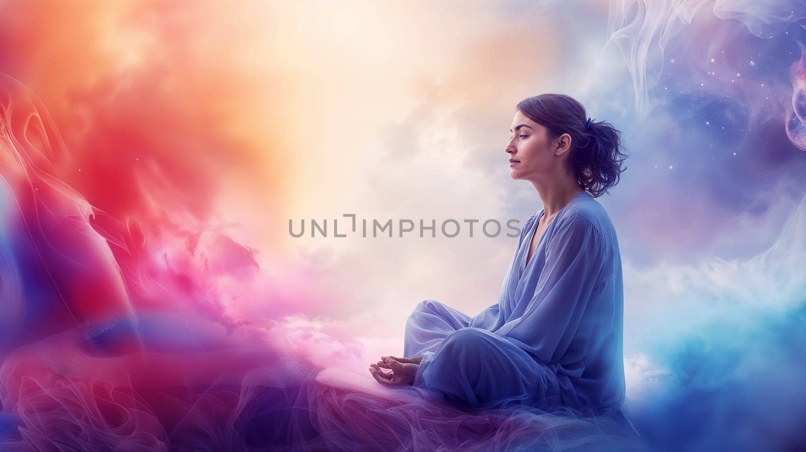 A person sits cross-legged in deep meditation, surrounded by a tranquil blend of vivid, swirling colors evoking a sense of calm and spirituality - Generative AI