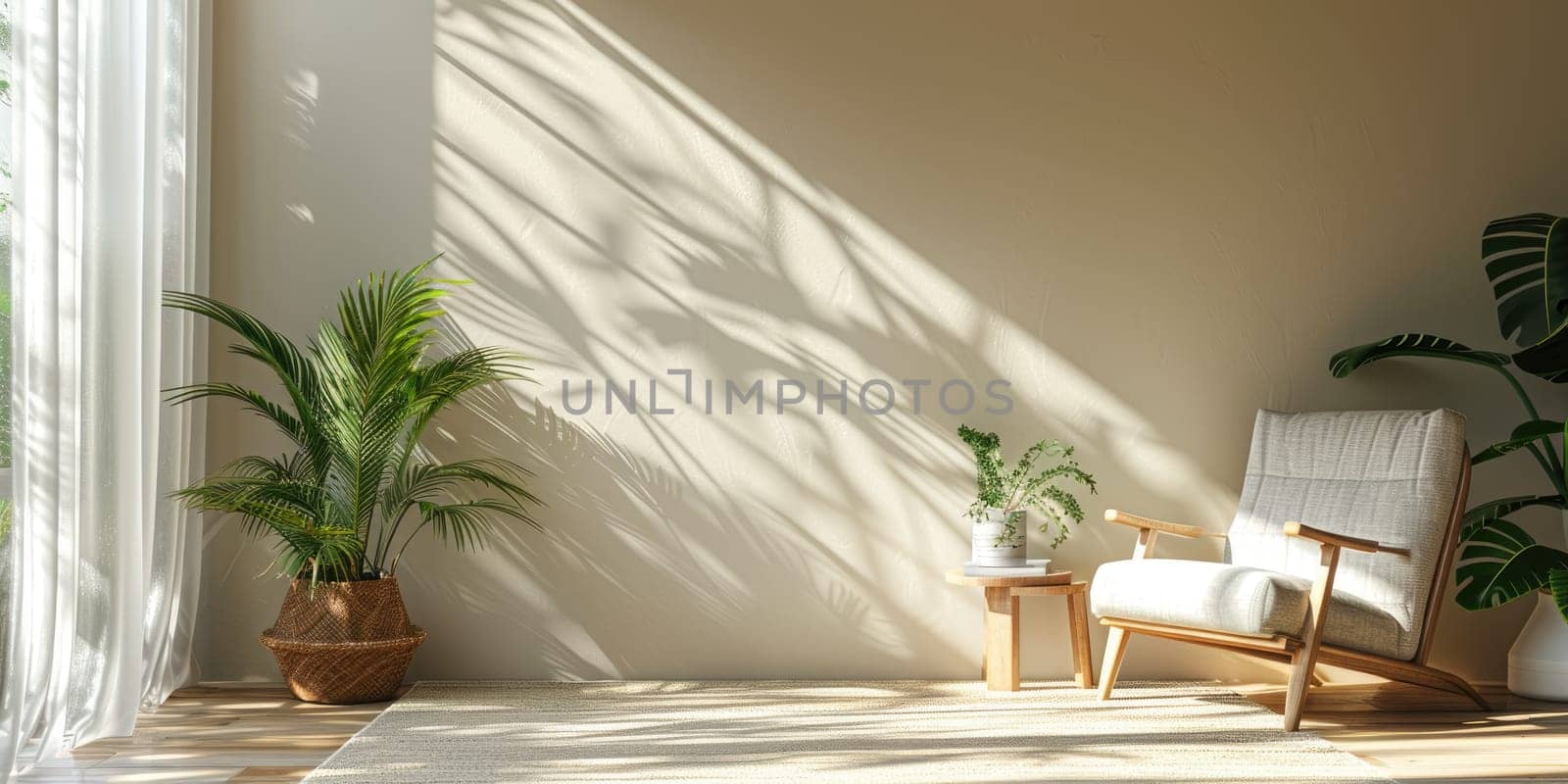 A white chair sits in front of a window with a potted plant by AI generated image.