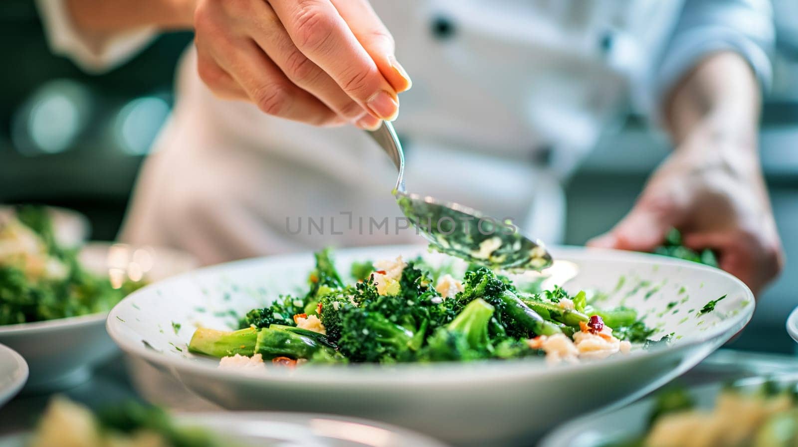 A chef, dressed in a white coat, expertly drizzles sauce over a vibrant green salad, adding the final touch to the dish - Generative AI