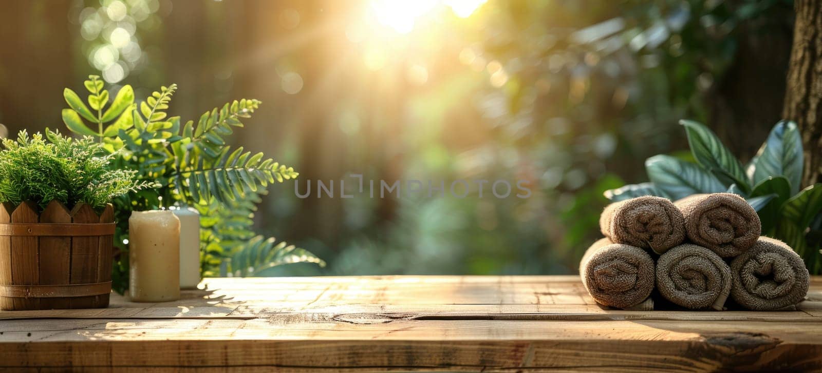 A wooden table with a vase of flowers and two candles by AI generated image by wichayada