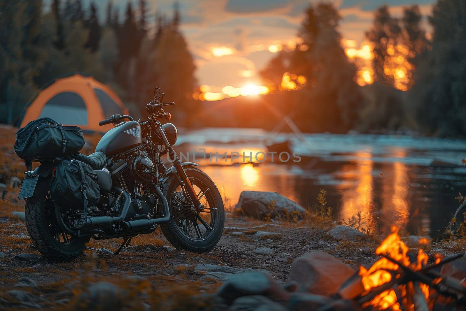 A motorcycle is parked next to a tent by a lake. The scene is peaceful and serene, with the motorcycle and tent blending in with the natural surroundings. The motorcycle is a black