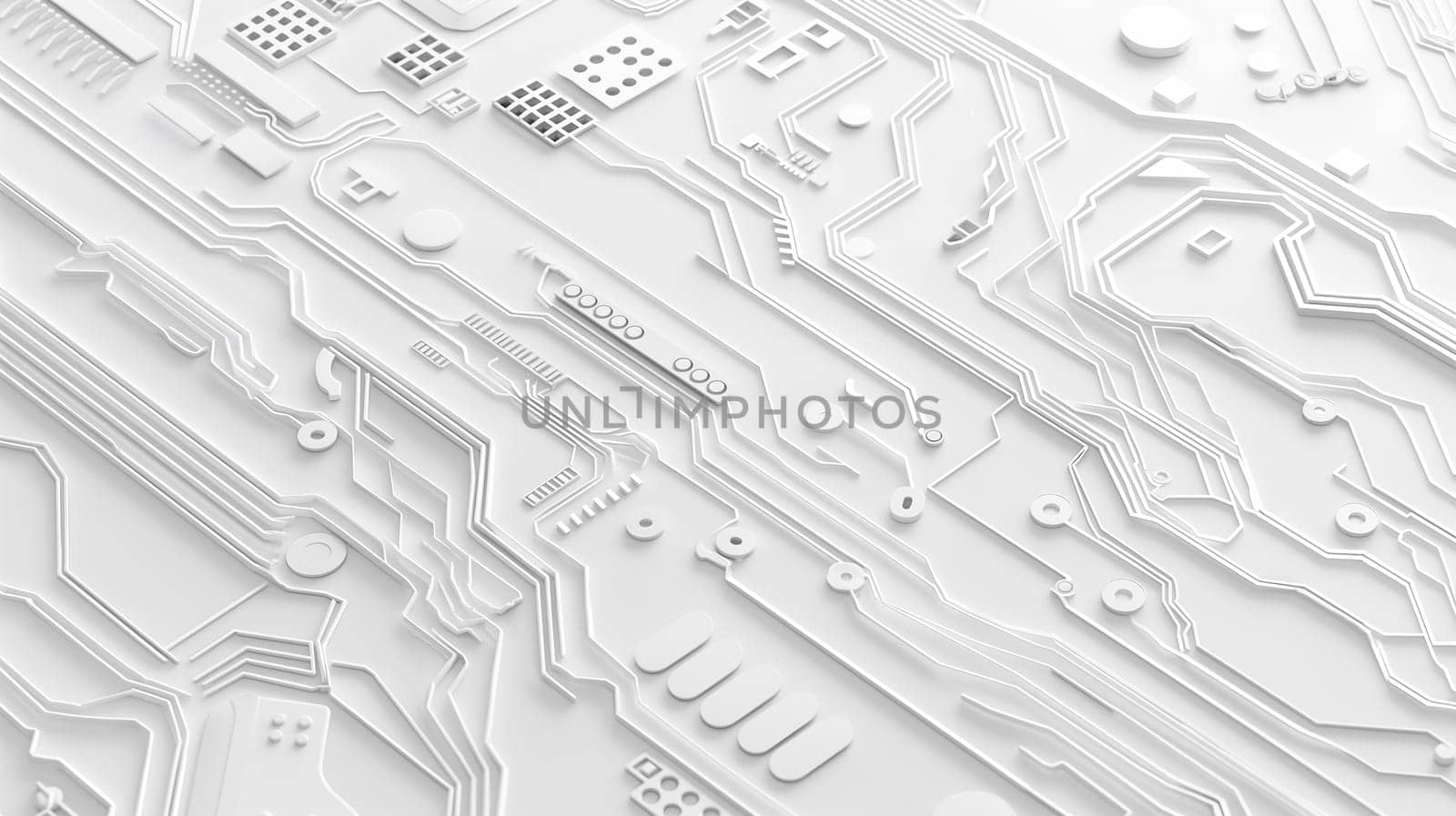 A detailed perspective of a circuit boards intricate pathways and electronic components in a monochromatic color scheme - Generative AI