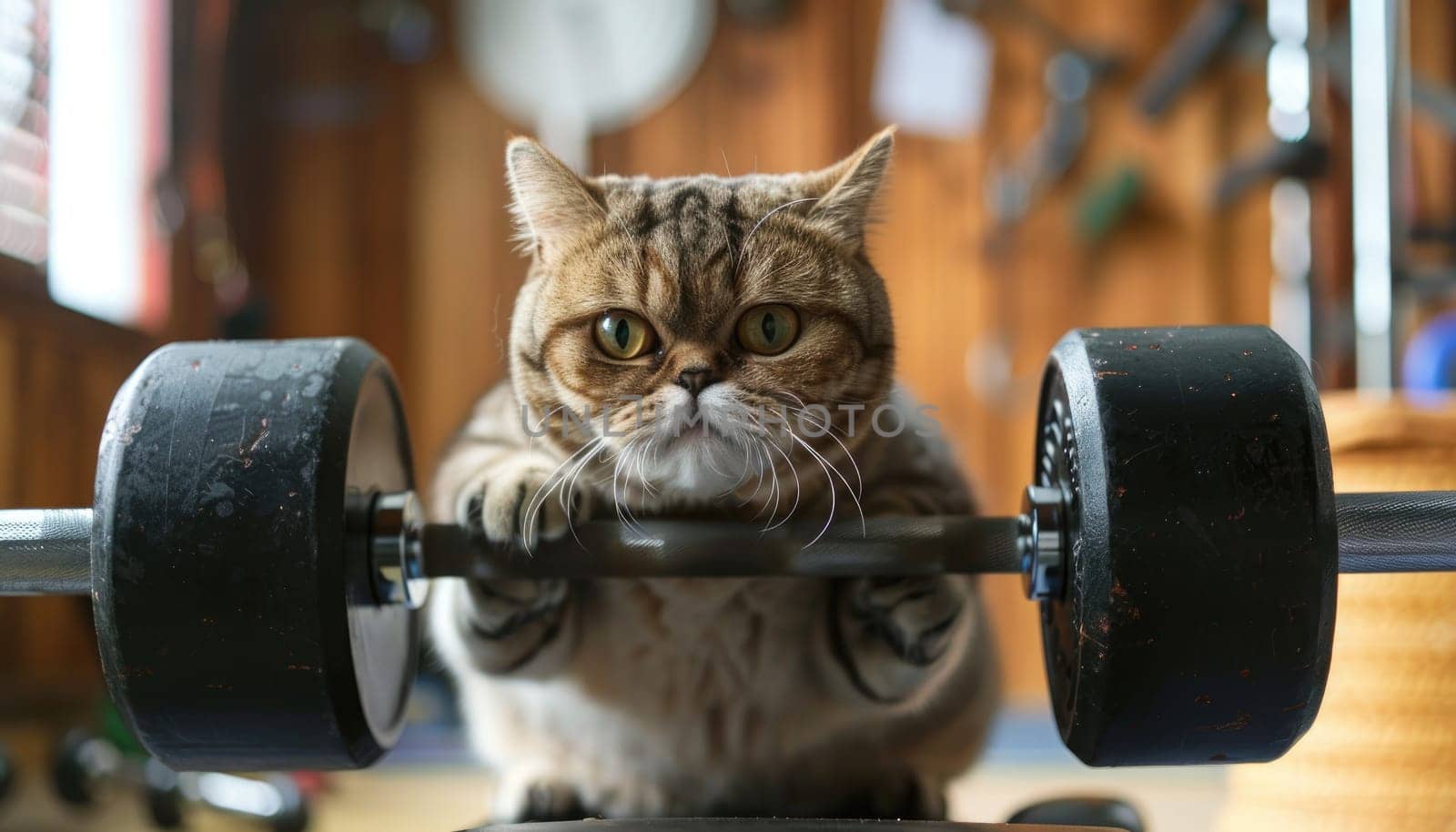 A cat is lifting a dumbbell in a gym by AI generated image.