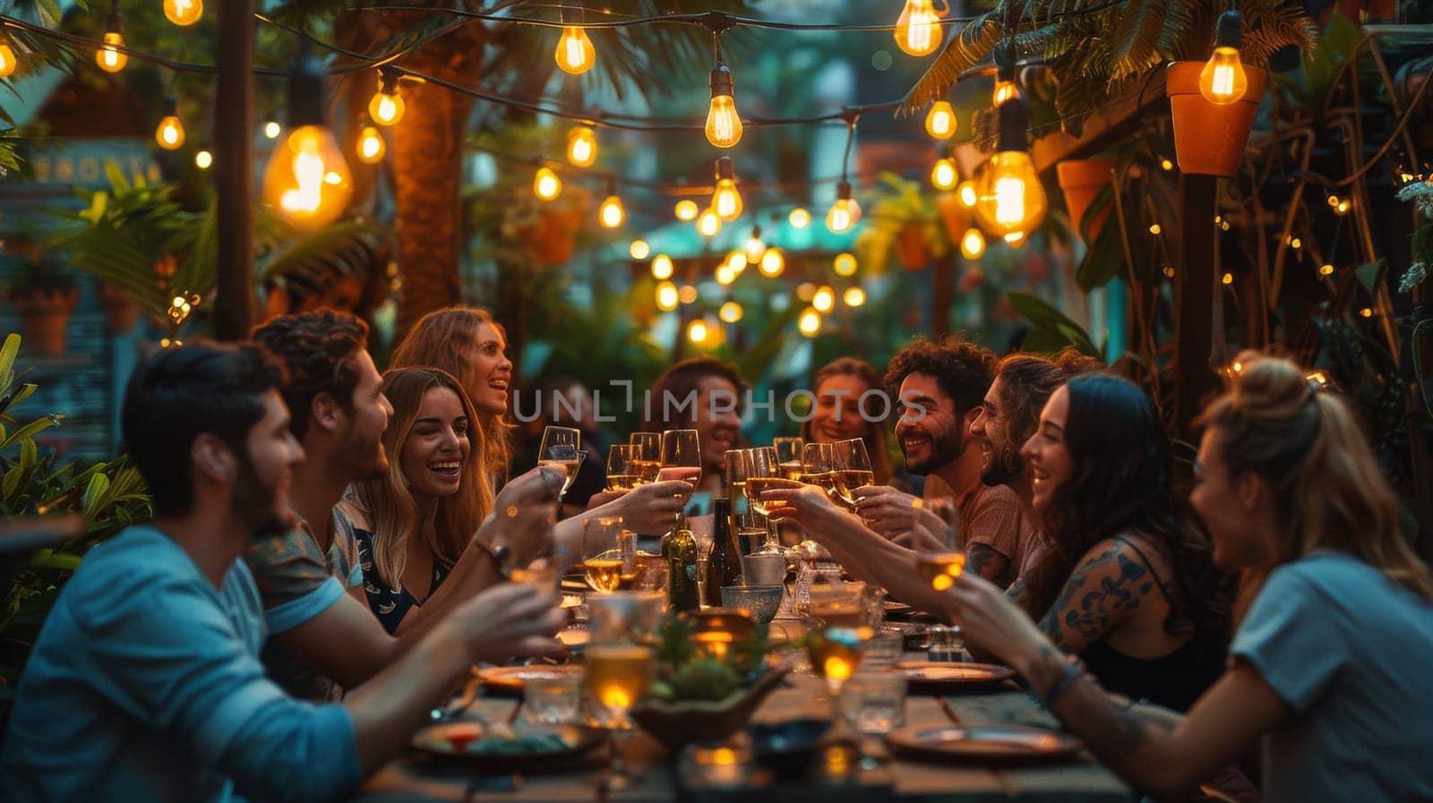 A group of people are gathered around a long table, enjoying a meal together. The atmosphere is lively and social, with everyone smiling and laughing. There are several wine glasses