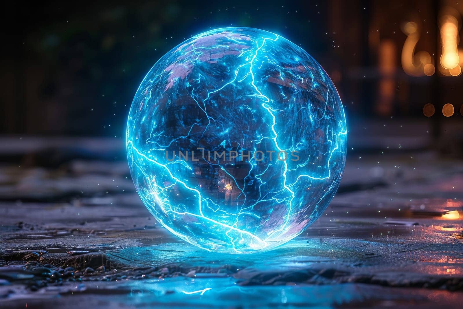 A blue and orange glowing ball with lightning bolts surrounding it. Scene is intense and powerful