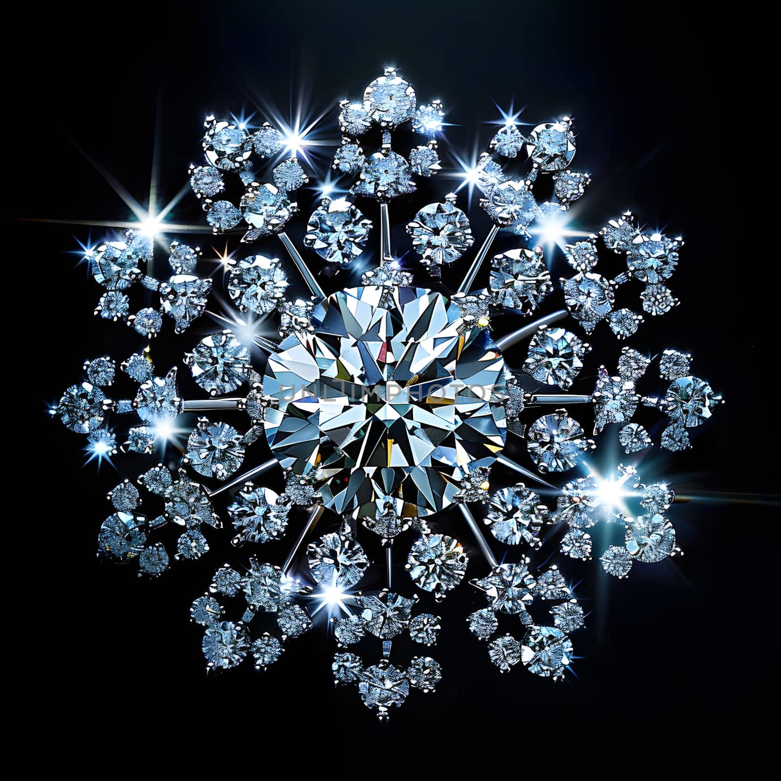 A diamond snowflake petal pattern in electric blue on a black background, resembling a ceiling fixture art with symmetry and darkness, inspired by a flowering plant, creating an event of beauty