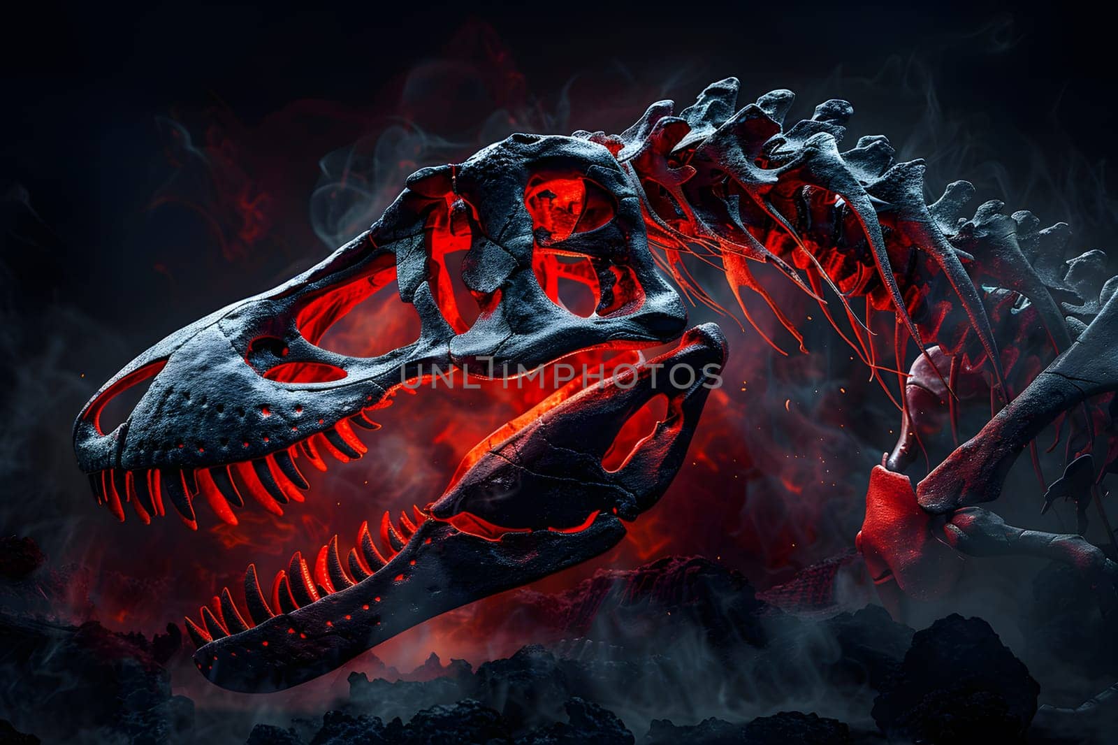 A CG artwork of a fictional character, a skeleton dinosaur with red flames emitting from its jaws. An eerie portrayal of a supernatural creature, symbolizing extinction and darkness