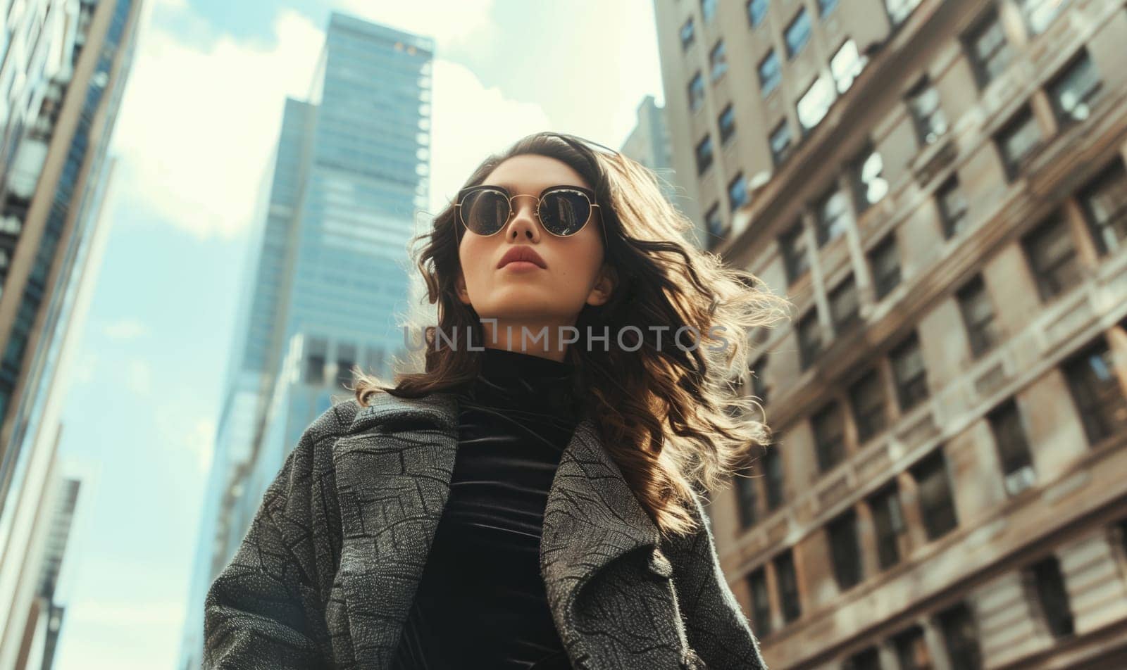 Fashionable portrait of beautiful stylish young woman posing in the city wearing glasses, coat