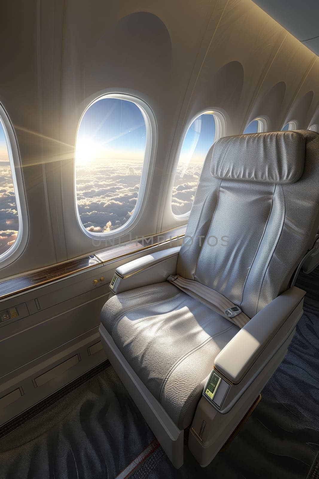 A silver airplane seat with a white cushion and a window in front of it. The window is open and the view is of the sky