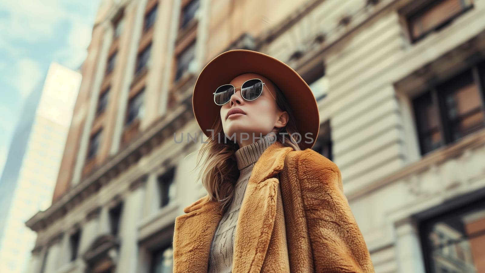 Fashionable portrait of beautiful stylish young woman posing in the city wearing hat, glasses, coat