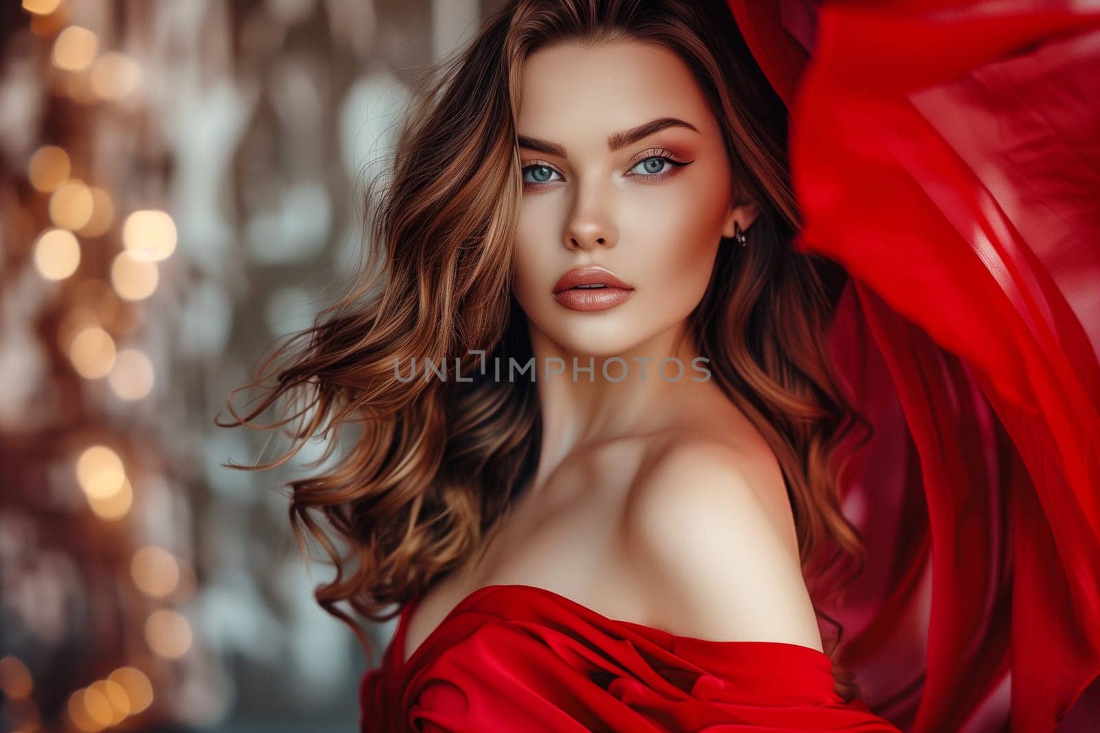 Portrait of beautiful gorgeous young woman in flowing red dress, blurred lights by Rohappy
