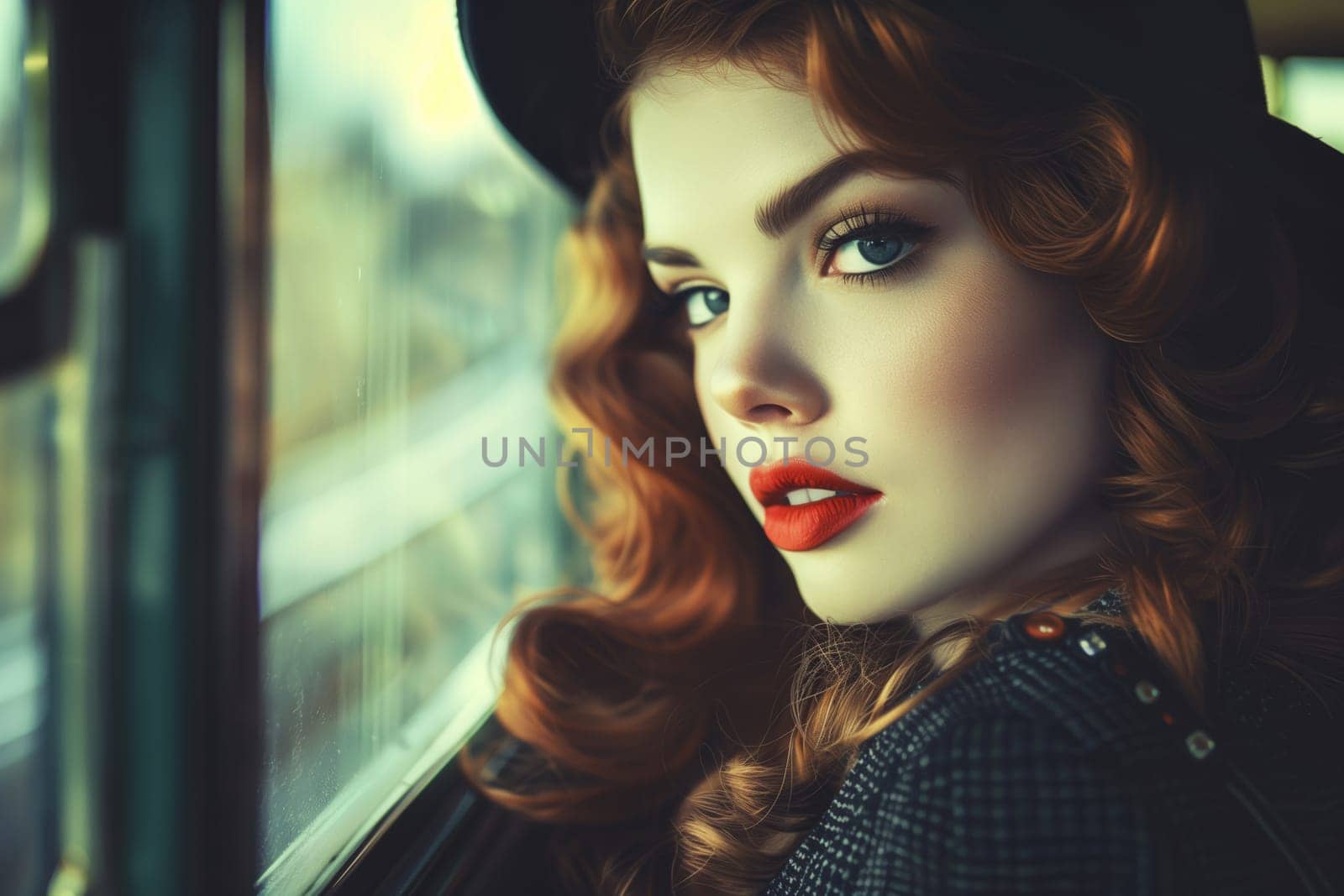 Retro portrait close up of beautiful elegant stylish woman lady with red lipstick in hat, nostalgic art photography